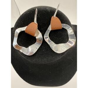 Contemporary Metallic and Leather Irregular Circle Dangle Earrings, Minimalist
